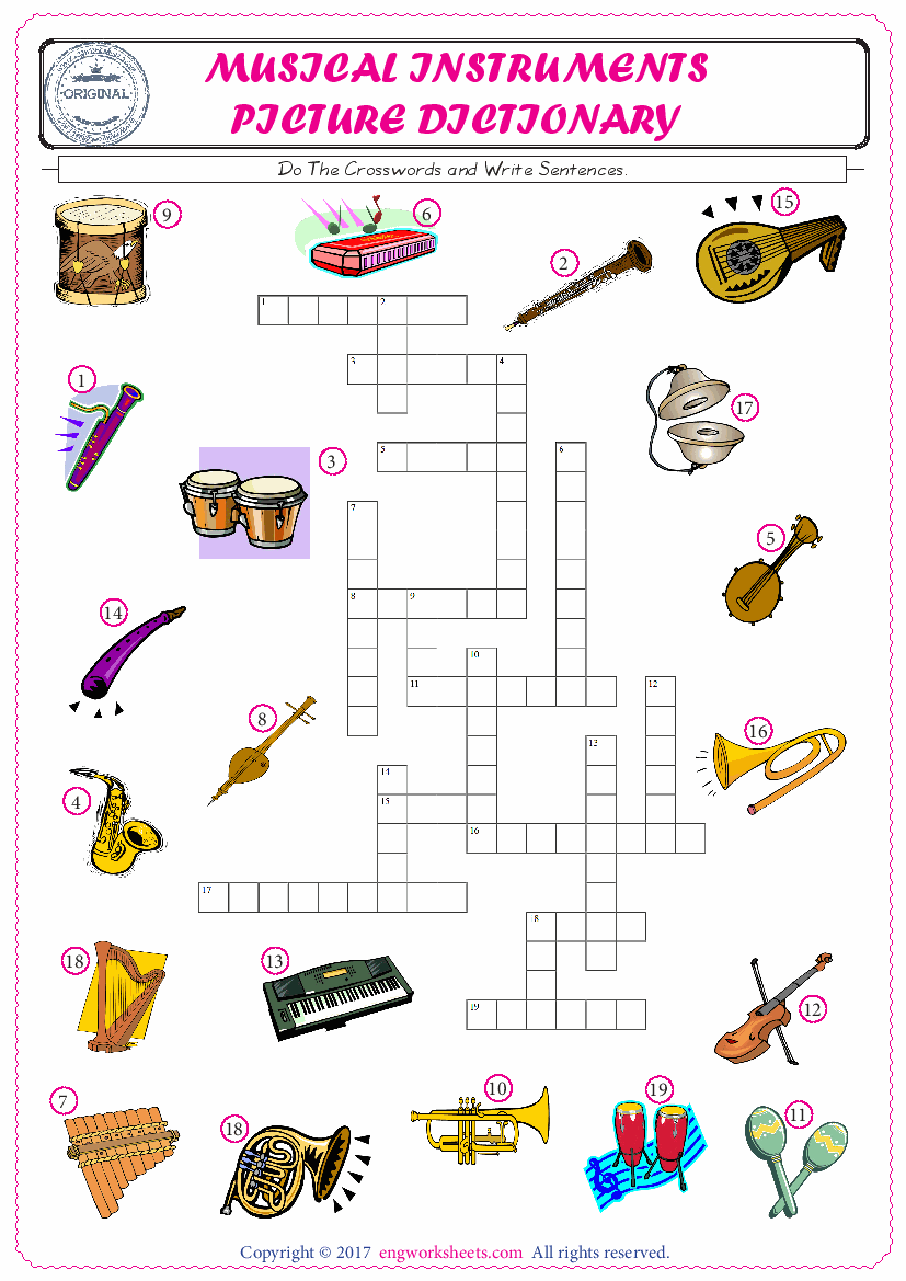  ESL printable worksheet for kids, supply the missing words of the crossword by using the Musical Instruments picture. 
